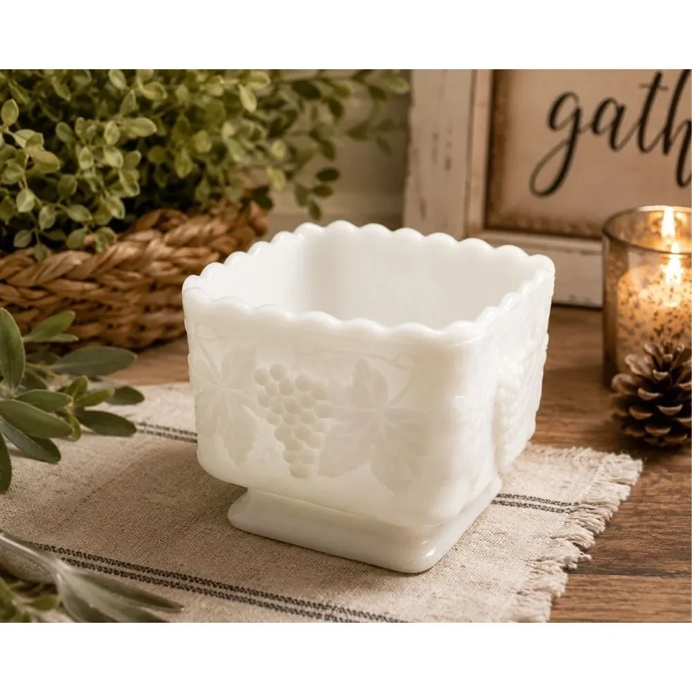 VTG Anchor Hocking Harvest Grape Square Scalloped Milk Glass Pedestal Planter